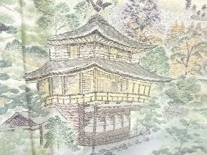 アンティーク　寿光織　寺院風景模様織り出し一つ紋着物